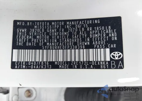 2015 Toyota Corolla Le z USA, uszkodzony, nr VIN 5YFBURHE0FP338398